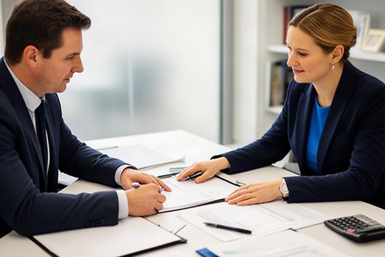Business owner and adviser comparing financial statements and planning notes in a bright Limavady office